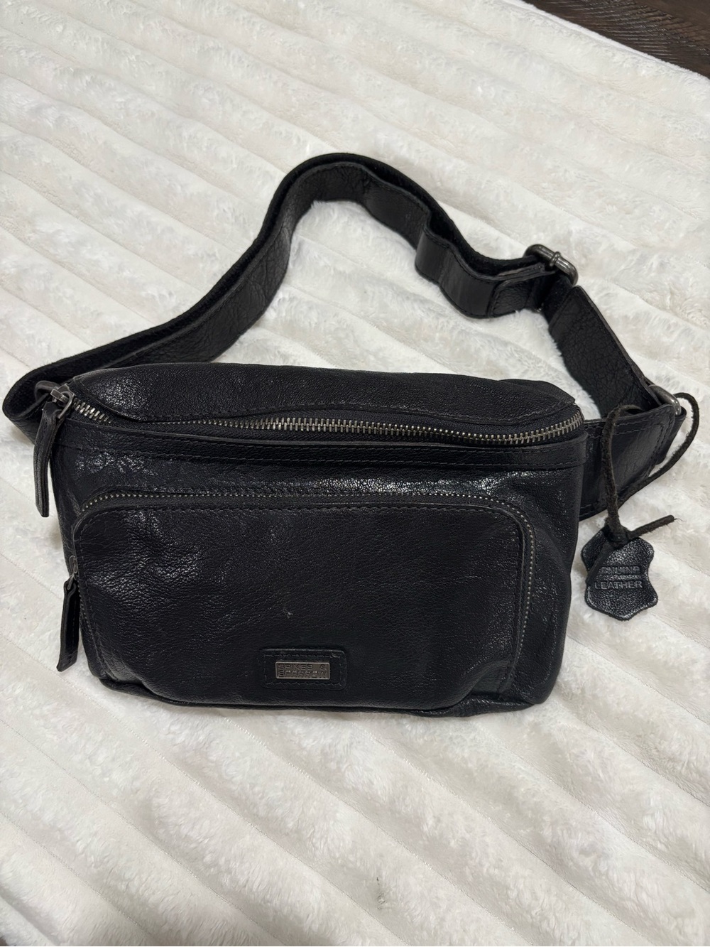 Men's or Women’s Black Leather Belt Bag with Front Pocket
